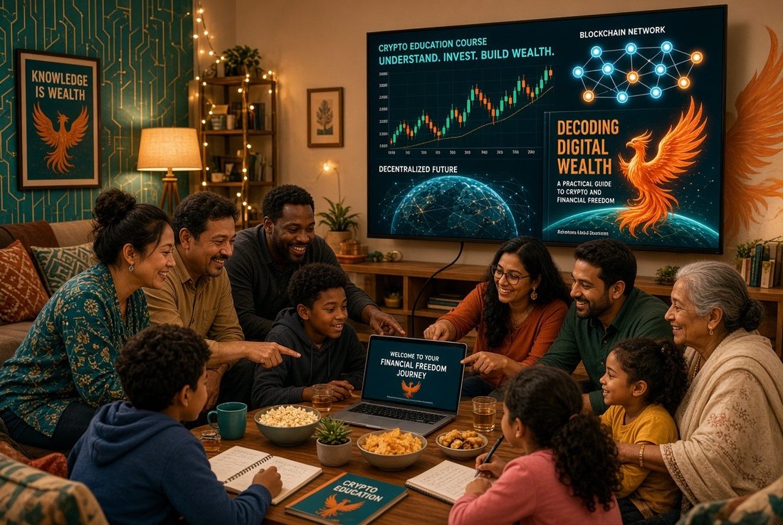 A family gathered around a laptop, learning crypto together