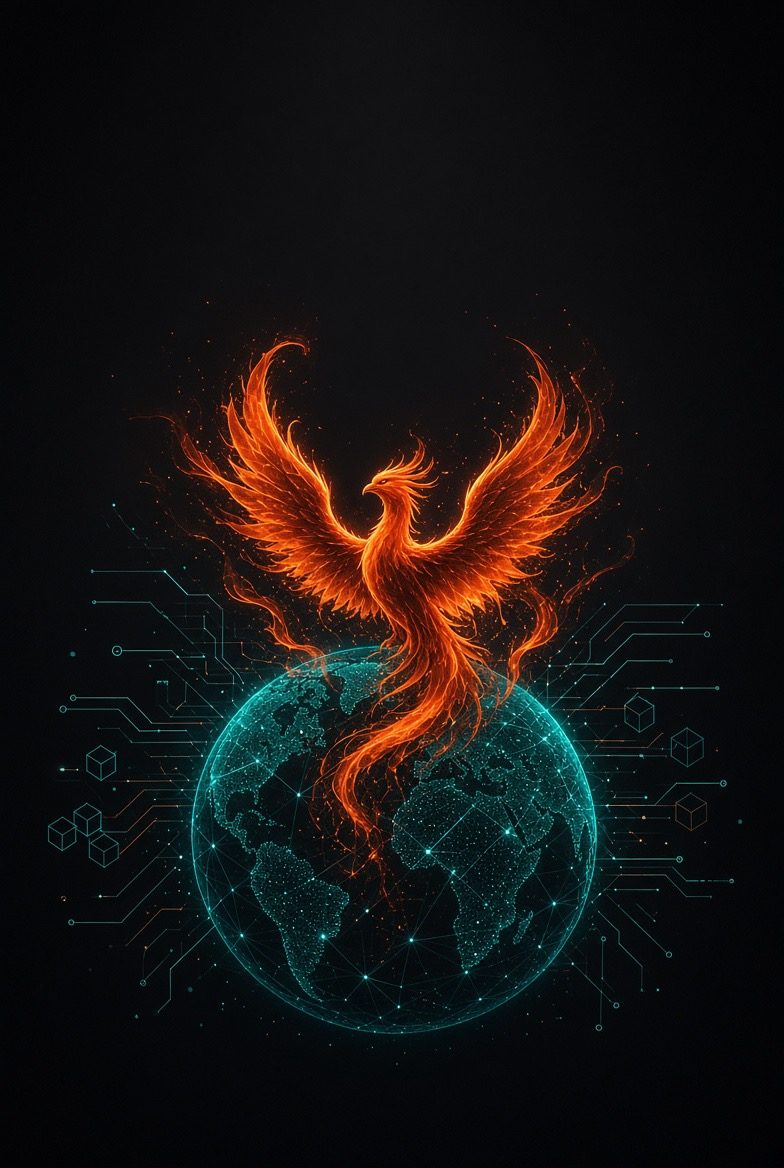 A phoenix rising over a networked globe