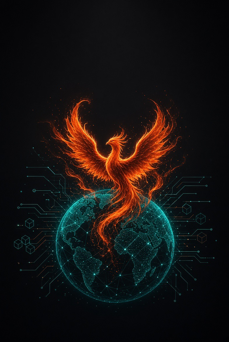 A phoenix rising over a networked globe